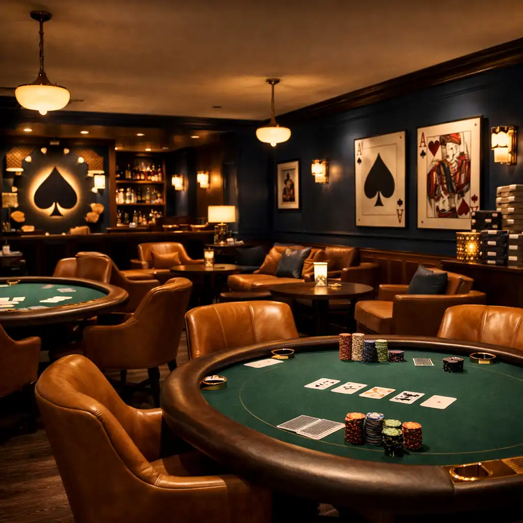 Wnętrze card lounge z ciemnymi granatowymi ścianami i eleganckimi stołami do gry