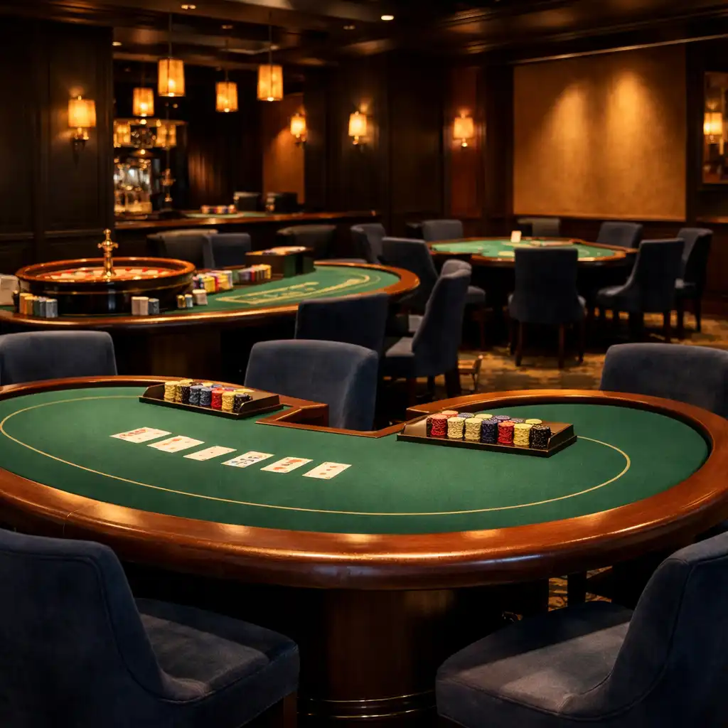 Wnętrze card lounge z eleganckimi stołami do pokera, ruletki i blackjacka