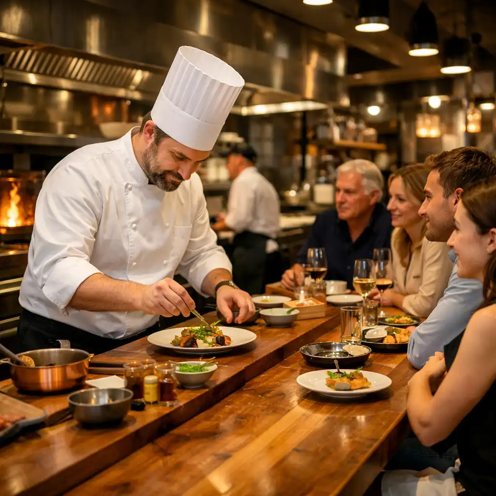 Szef kuchni pracujący przy blacie Chef's Counter z gośćmi