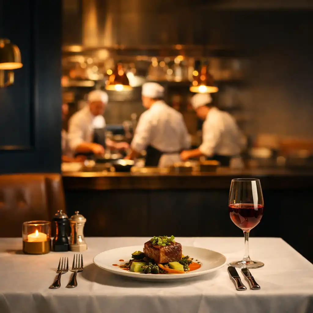 Eleganckie wnętrze restauracji Chef & Menu z widokiem na otwartą kuchnię, nakrytym stołem i kieliszkiem wina