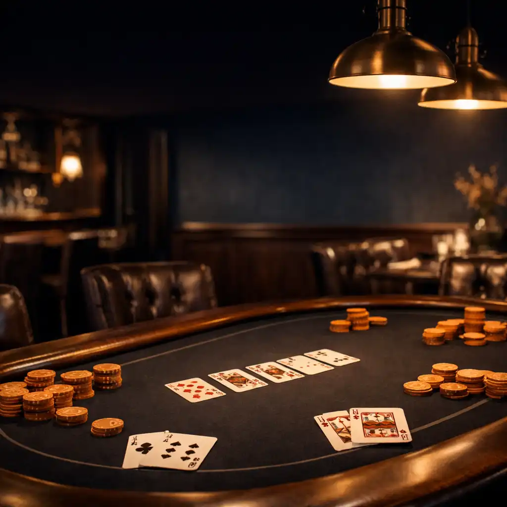 Elegancki stół pokerowy w ciemnym, granatowym wnętrzu restauracji Chef and Menu