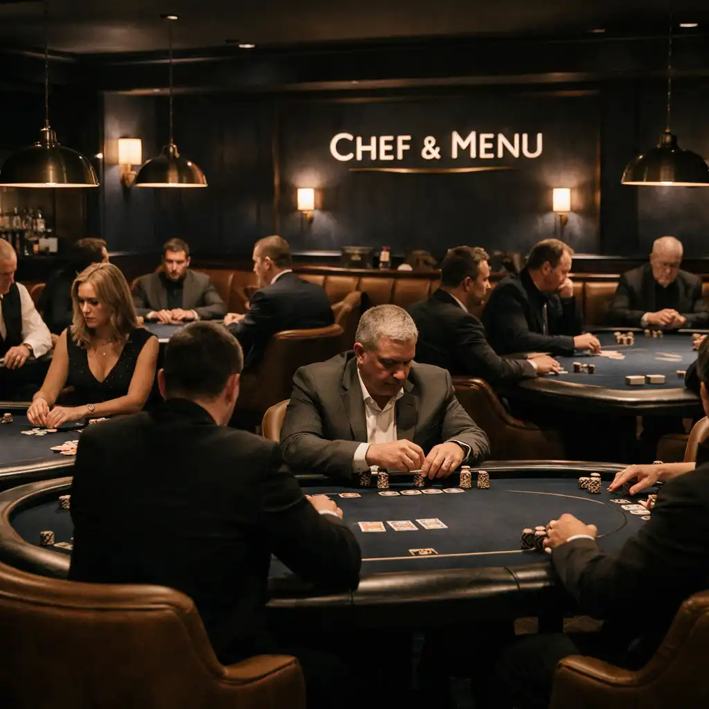 Wnętrze card lounge w restauracji Chef and Menu z gośćmi przy stołach pokerowych