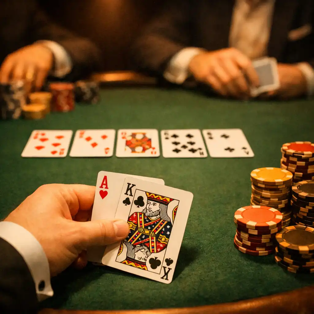 Zbliżenie na stół pokerowy z kartami i żetonami w restauracji Chef and Menu