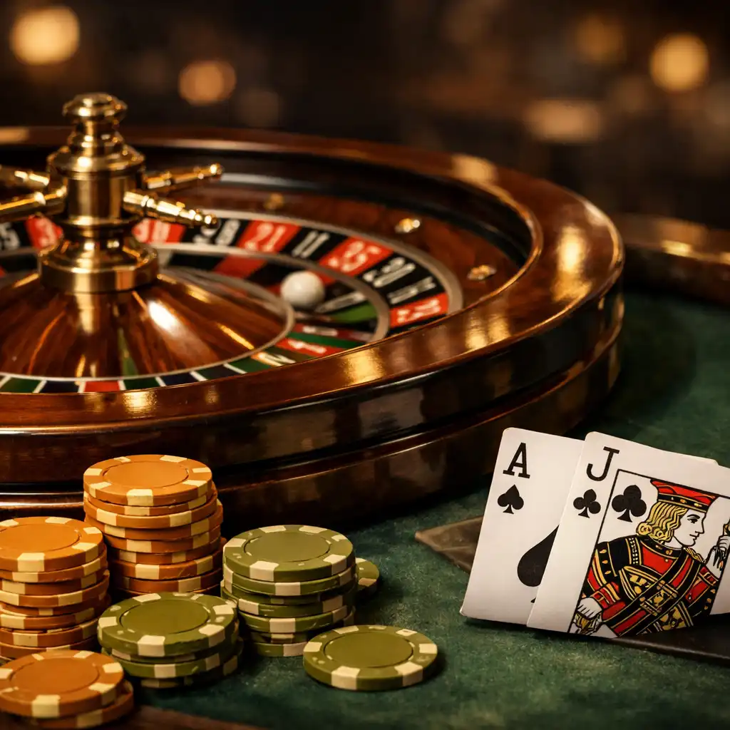 Koło ruletki i karty do blackjacka na ciemnym stole
