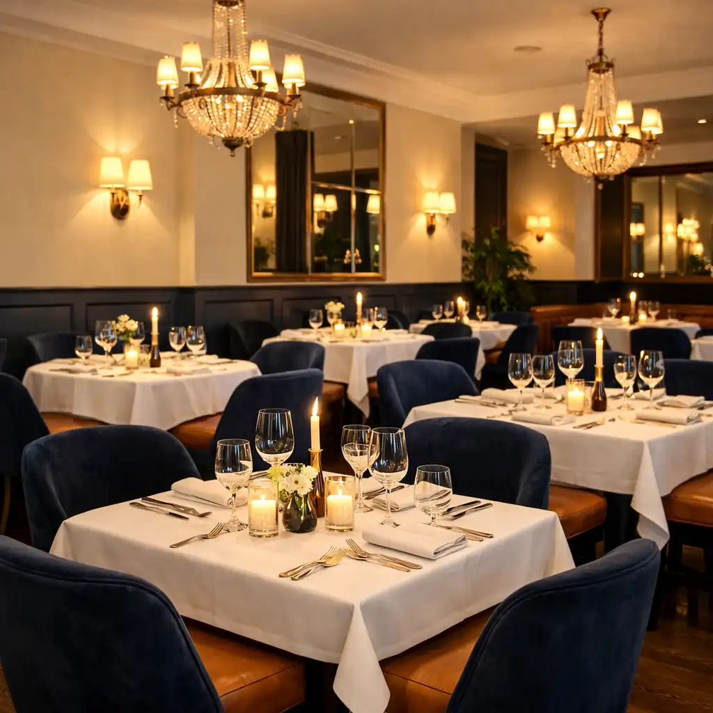 Sala główna restauracji z nakrytymi stolikami i granatowymi krzesłami