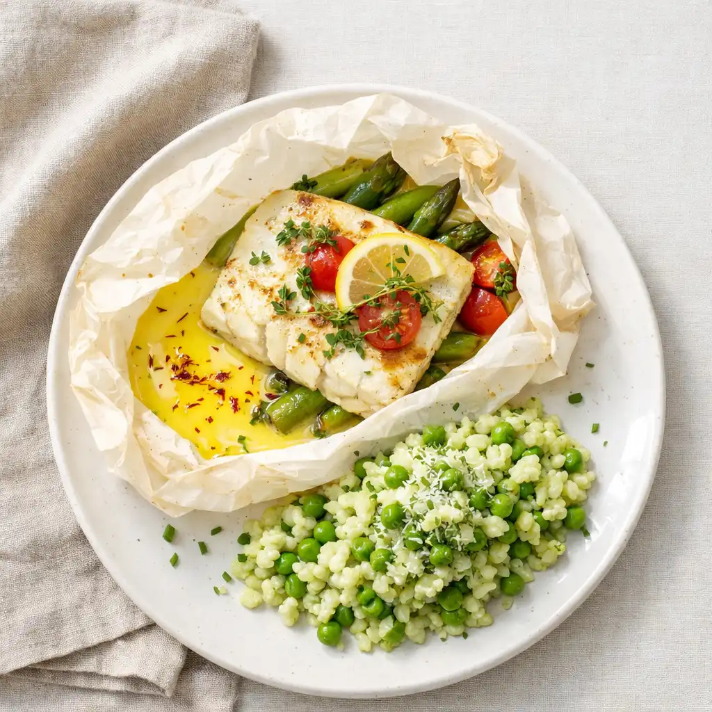Halibut w sosie szafranowym z risotto z zielonego groszku
