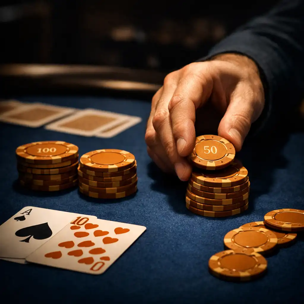 Stół pokerowy z ciemnego drewna z kartami i żetonami w kolorze karmelu