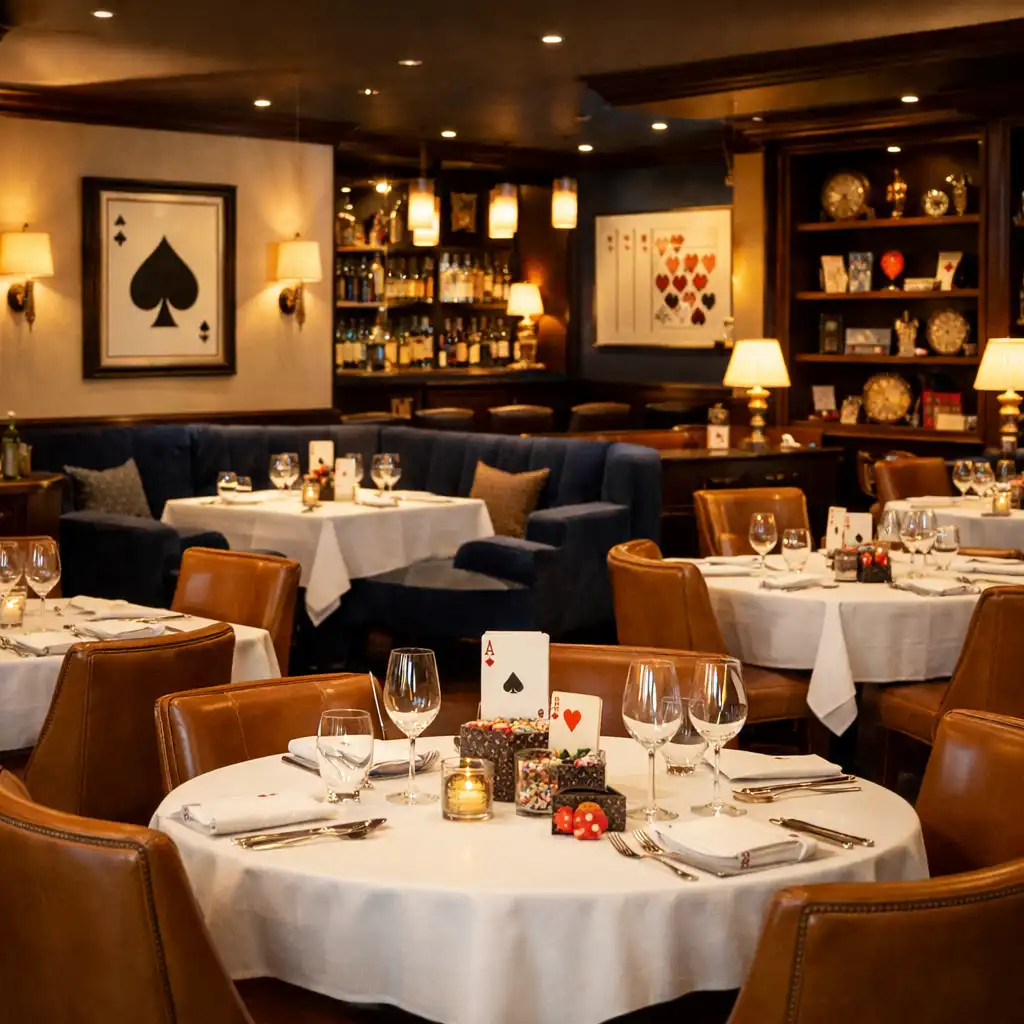 Eleganckie wnętrze restauracji Chef & Menu z ciepłym oświetleniem i stolikami