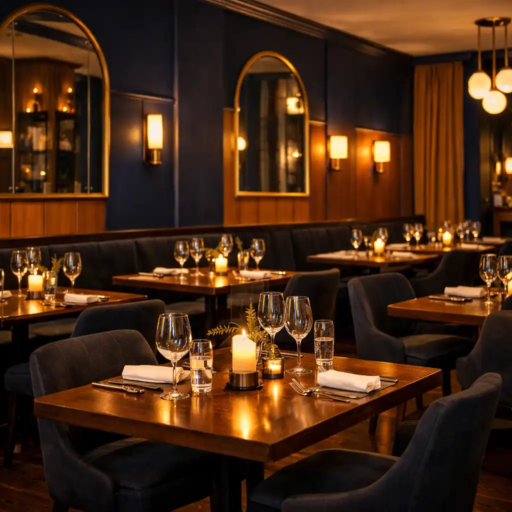 Sala restauracyjna Chef & Menu z eleganckimi stolikami, ciemnym granatem na ścianach i ciepłym oświetleniem