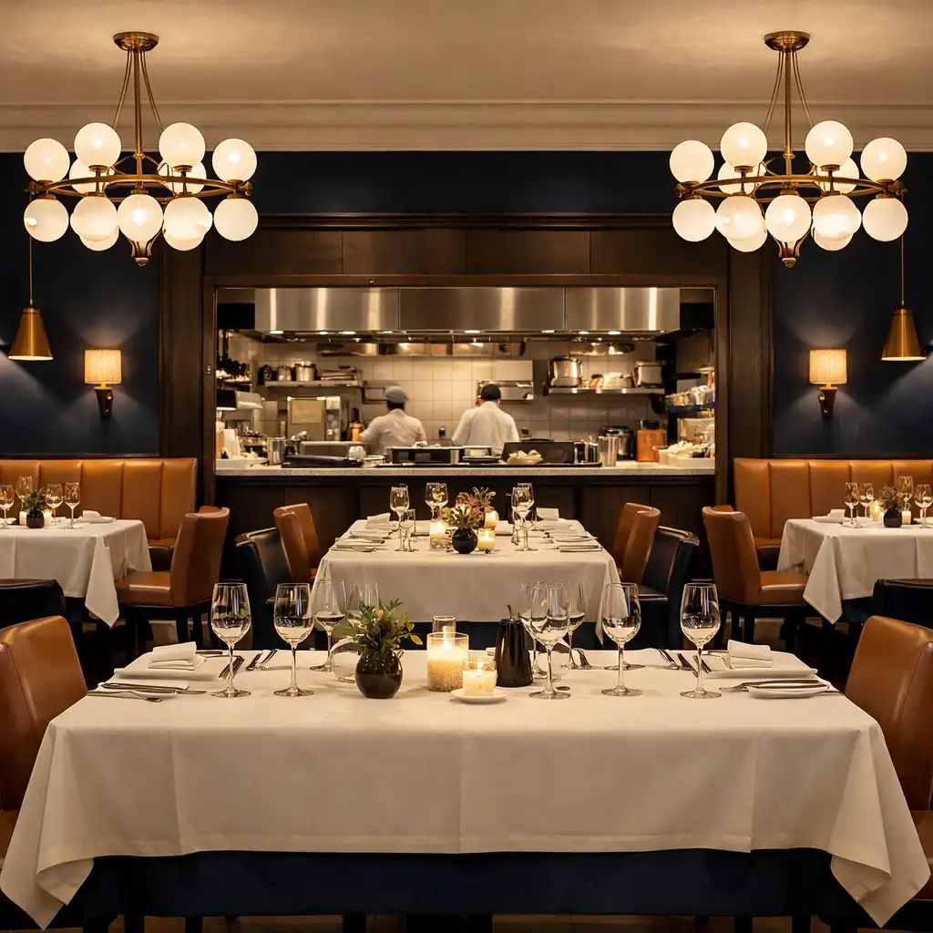 Wnętrze głównej sali restauracji z eleganckimi stołami i otwartą kuchnią w tle
